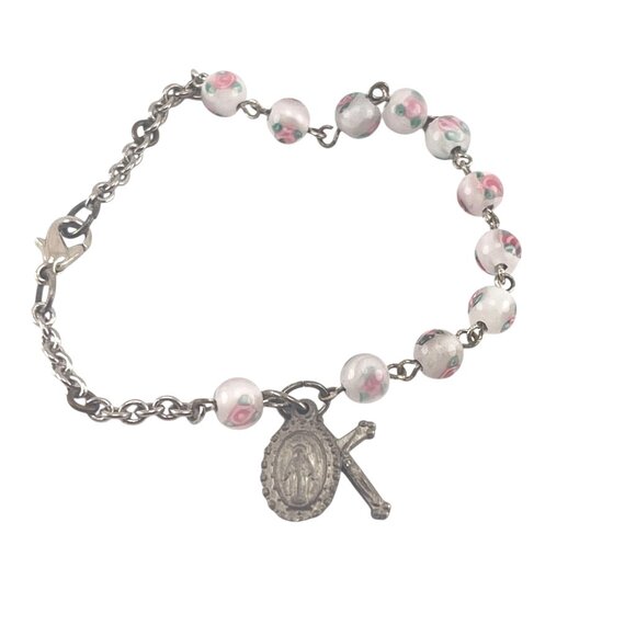 Vintage Floral Bead Rosary Bracelet With Cross & Medal Charm - Picture 1 of 6